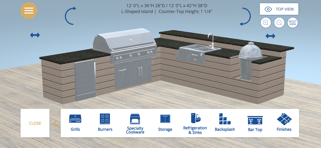 A 3D design of an L-shaped outdoor kitchen island featuring a grill and sink within the Pro-Fit app interface
