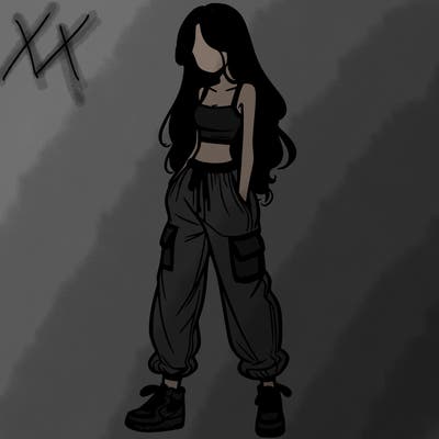 girl in baggy pants crop top and long hair