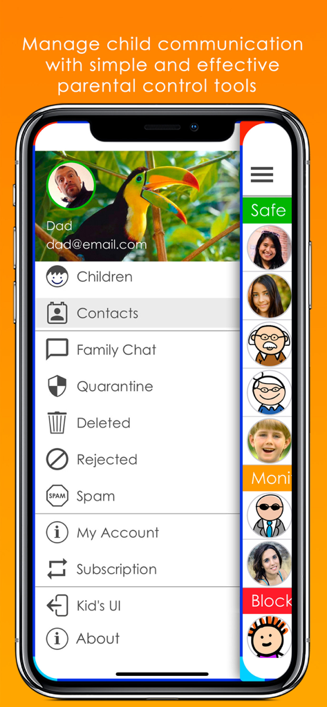 Tocomail - Email for Kids - Tableau de bord parental Tocomail affichant les paramètres de sécurité des enfants et de gestion des contacts