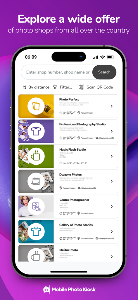 List of local photo shops and studios available for printing in the Mobile Photo Kiosk app.