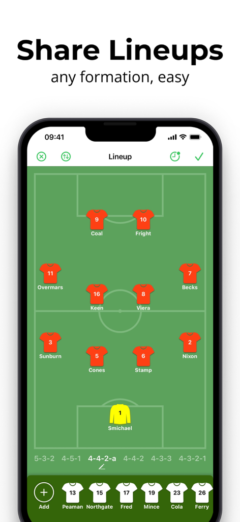 Interface do aplicativo móvel mostrando uma formação de futebol 4-4-2 com nomes de jogadores e uniformes em um campo