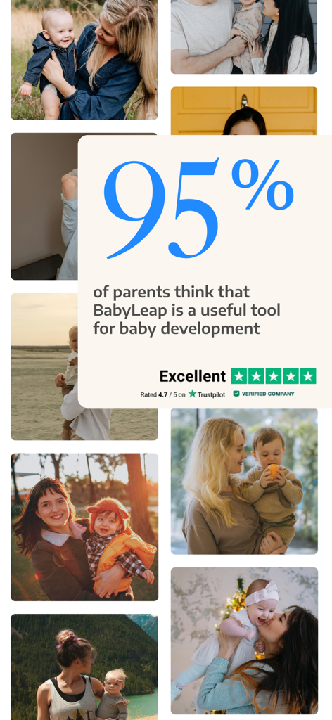 Baby Leap: Milestone Tracker - Graphic showing 95 percent parent satisfaction and a 4.7 star Trustpilot rating for the BabyLeap app