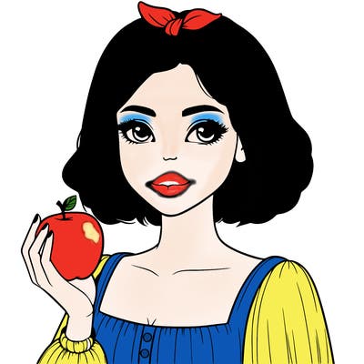 a woman with medium short hair, wearing a headband with a small bow, carrying an apple in her hand, realistic