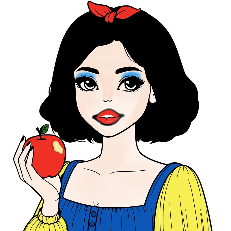 a woman with medium short hair, wearing a headband with a small bow, carrying an apple in her hand, realistic