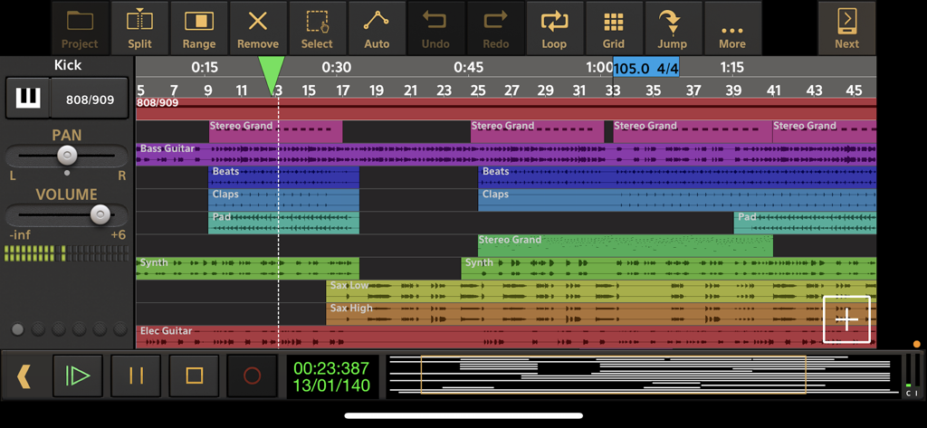 Multitrack audio recording and editing interface in Audio Evolution Mobile Studio