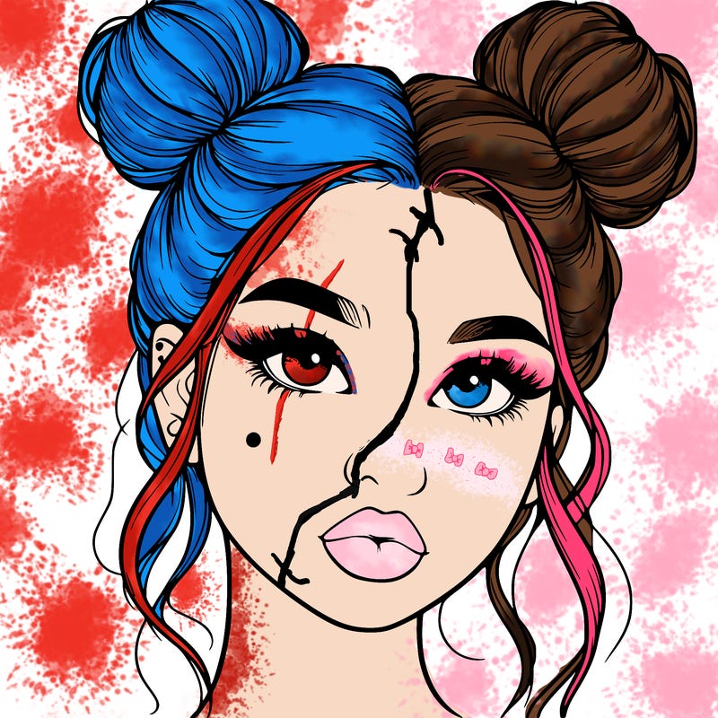 realistic girl with two buns on her hair and lips