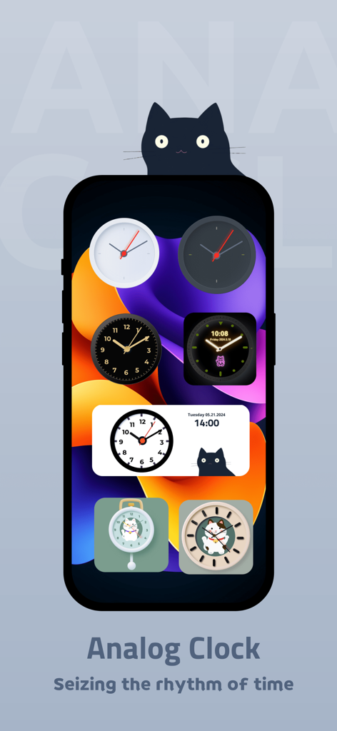 iPhone home screen showing several analog clock widget designs from the Lucky Widgets app featuring cute cat characters