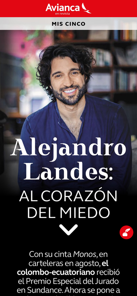 Avianca en Revista - Screenshot dell'app Avianca en Revista con un articolo sul regista Alejandro Landes