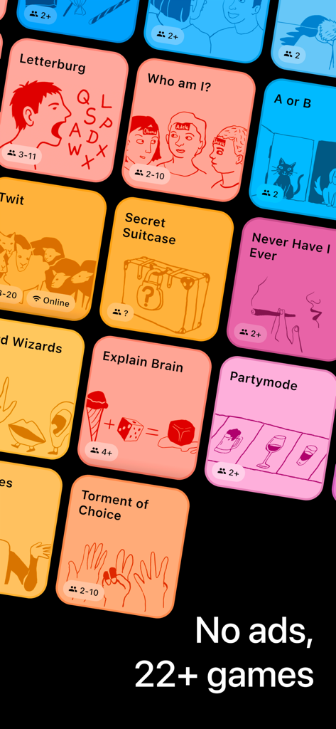 Social Gamebox - Una colorida cuadrícula que muestra más de 22 juegos sociales de fiesta diferentes sin anuncios disponibles en la aplicación Social Gamebox