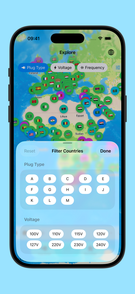 Power plug app interface showing a world map with country flags and a filter menu for outlet types and voltage