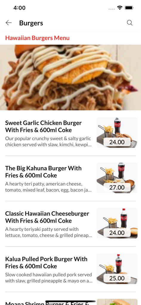 The Big Big Aloha - A mobile food ordering screen for The Big Big Aloha showing a variety of Hawaiian burgers and combo meals.
