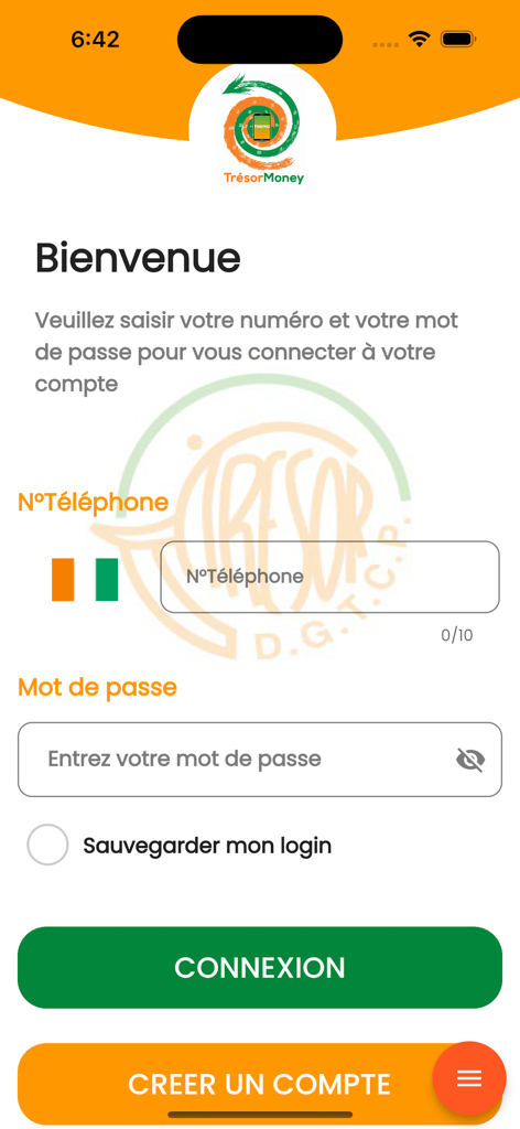 Welcome login screen for Tresor Money mobile banking app