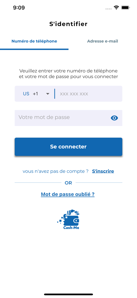 Interface de login do aplicativo móvel Cash Me com campos de número de telefone e senha