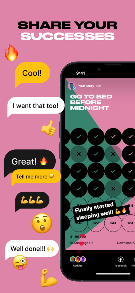 ChallengeUp: Goals & Habits - Un teléfono móvil mostrando un desafío de hábito para dormir mejor compartido en redes sociales con burbujas de reacción positivas.