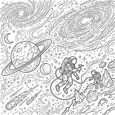 Blast off into a captivating universe with this detailed space coloring page, perfect for teens and adults. Bring to life a scene of astronauts exploring distant planets amidst swirling galaxies and countless stars.