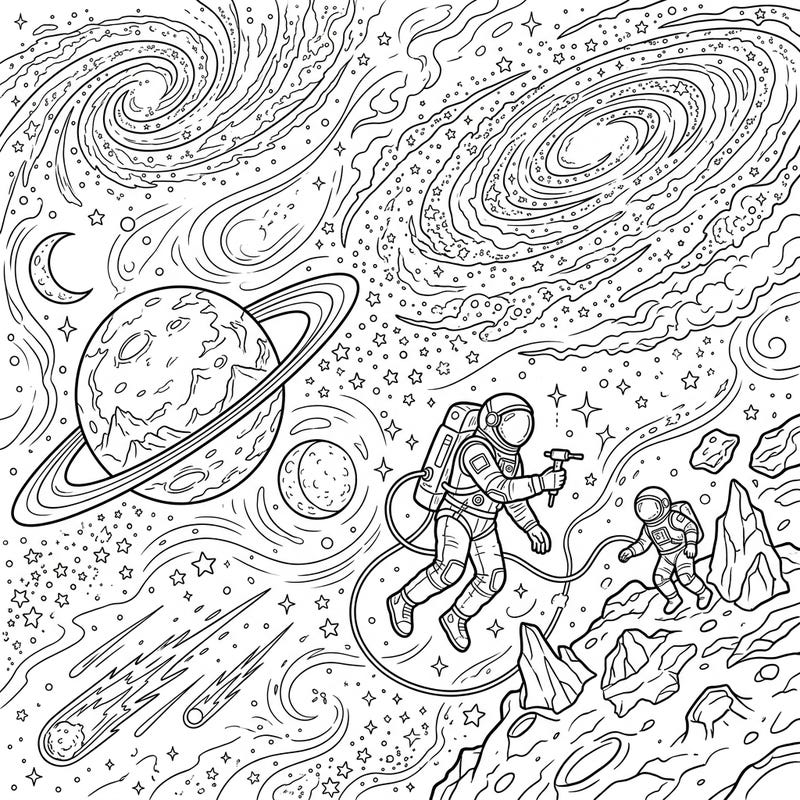 Blast off into a captivating universe with this detailed space coloring page, perfect for teens and adults. Bring to life a scene of astronauts exploring distant planets amidst swirling galaxies and countless stars.
