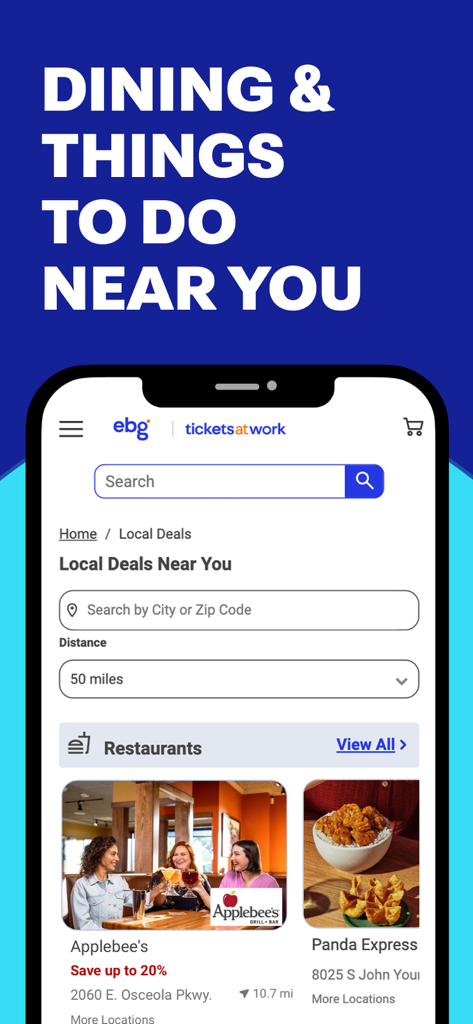 TicketsatWork: Employee Perks - Screenshot of the TicketsatWork app showing local restaurant discounts for employees