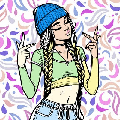 realistic teenage girl with braids and a beanie and crop top doing 🫶🏼