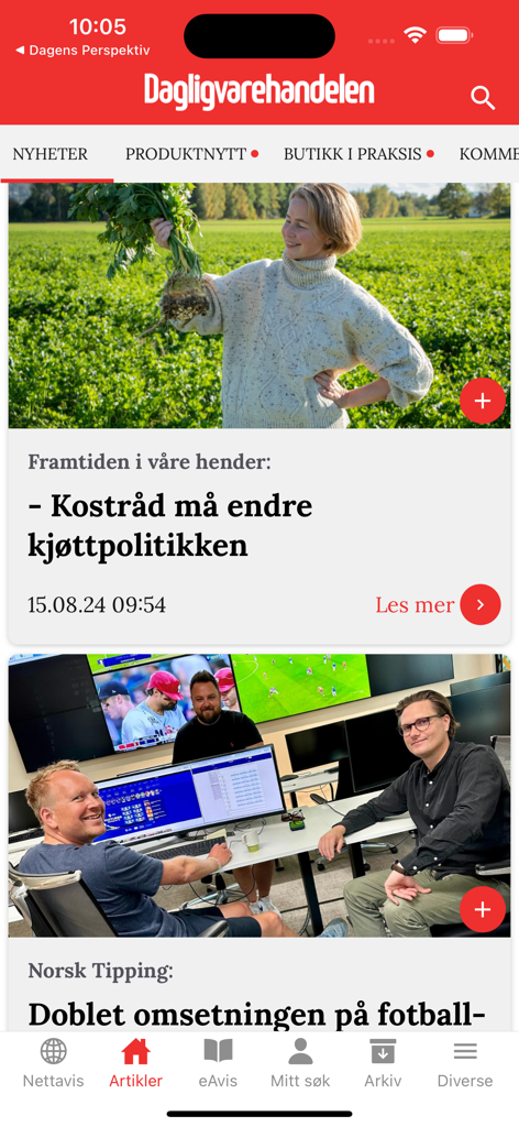 Dagligvarehandelen - Dagligvarehandelen app news feed showing grocery trade articles and industry updates.