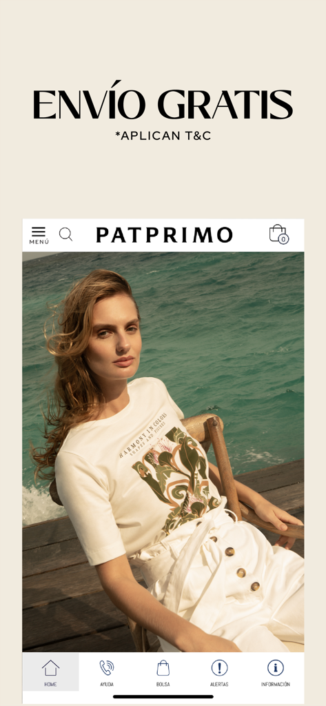 Patprimo app home screen showing a free shipping banner and a woman in a casual white outfit by the sea