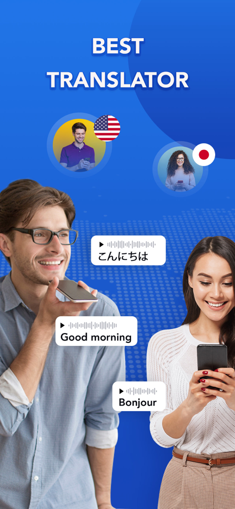Translator - Voice & Text - Zwei Personen nutzen die Sprachübersetzungs-App, um auf Englisch, Japanisch und Französisch zu kommunizieren