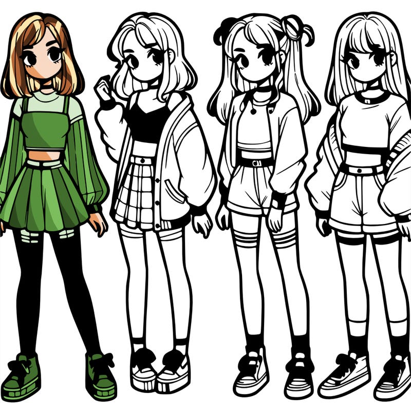 one girl with crop-top shirt and a jacket with a skirt, long socks and another girl with a shirt and pants with a jacket