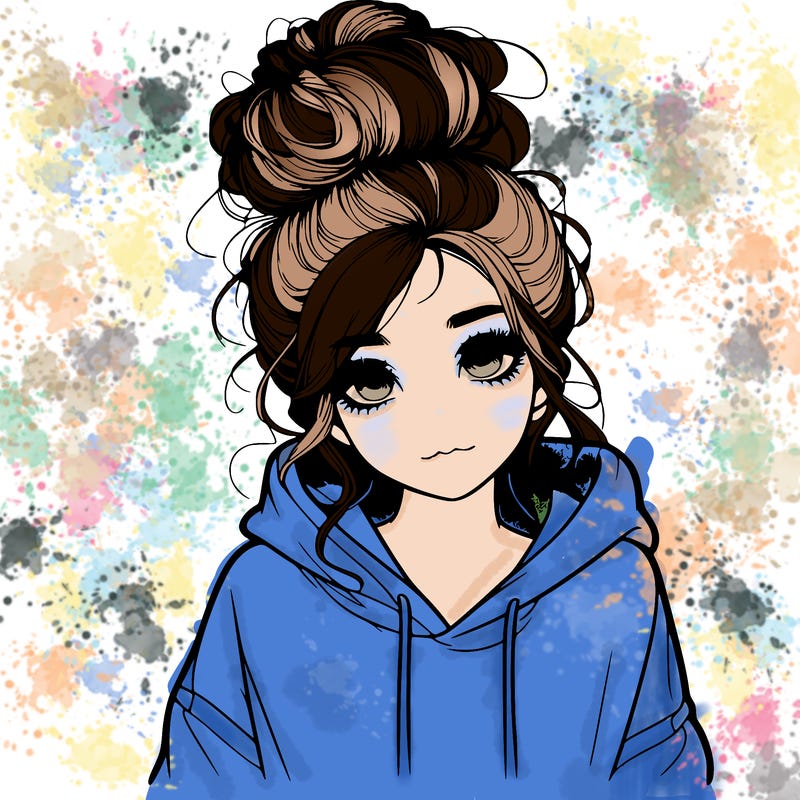 realistic girl with a massy bun and a hoodie