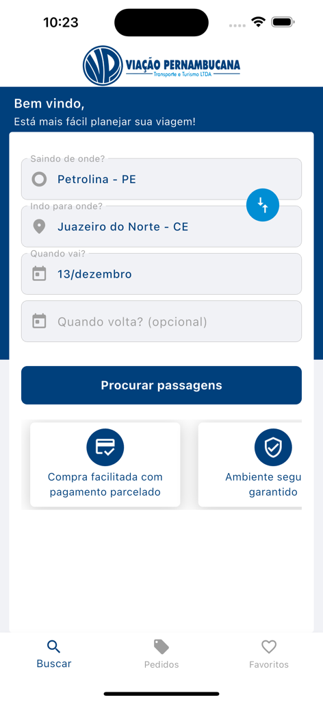 Viação Pernambucana - Mobile app interface for searching and booking bus tickets with Viacao Pernambucana in Brazil