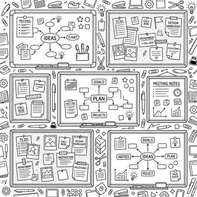 Dive into the world of organization and productivity with this intricate Whiteboards & Cork Boards coloring page. Perfect for anyone who loves planning, brainstorming, and adding a splash of color to their daily tasks.