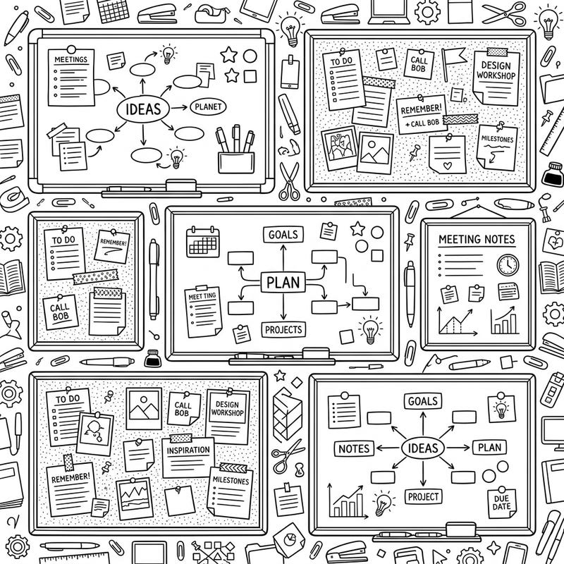 Dive into the world of organization and productivity with this intricate Whiteboards & Cork Boards coloring page. Perfect for anyone who loves planning, brainstorming, and adding a splash of color to their daily tasks.