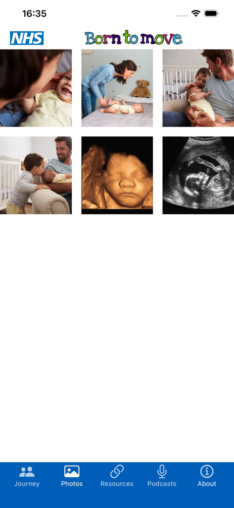 Capture d'écran de l'application Born to Move montrant une galerie de photos du développement des bébés et des images d'échographie