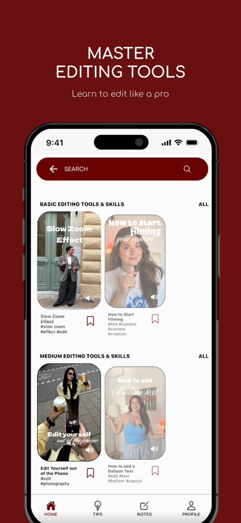 Mobile app interface displaying various video editing tutorials for social media creators including slow zoom effect and filming tips.