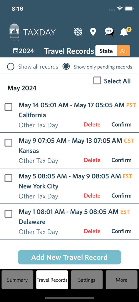 TaxDay app interface displaying a list of pending travel records for state tax residency tracking across California, Kansas, New York City, and Delaware.