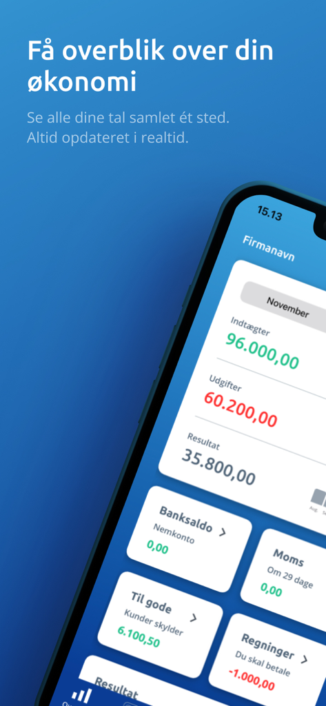 Financial dashboard overview in the Dinero accounting app showing income and expenses.