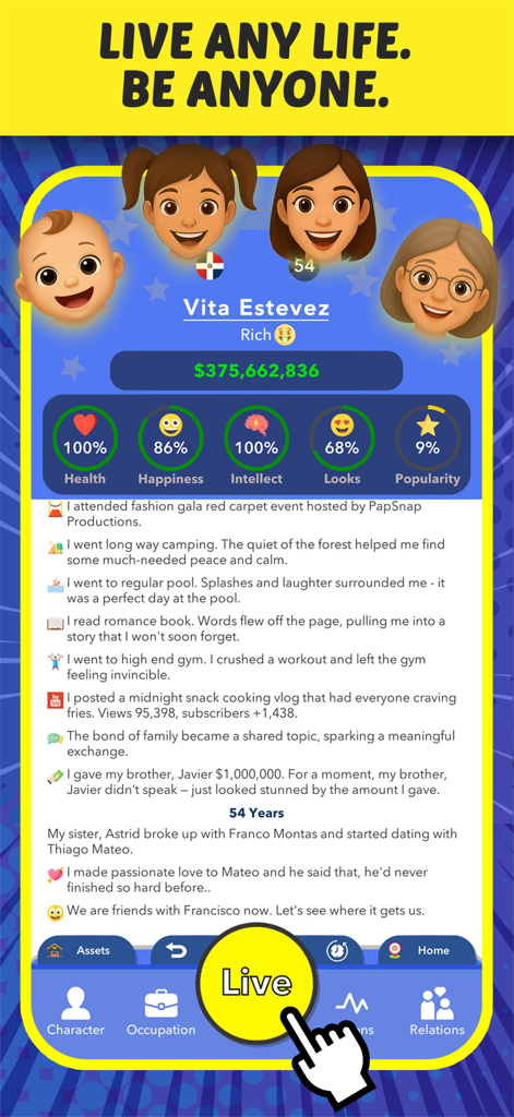 Enclaver - Life Simulator - Gameplay screenshot of Enclaver Life Simulator showing a character dashboard with high wealth and health statistics