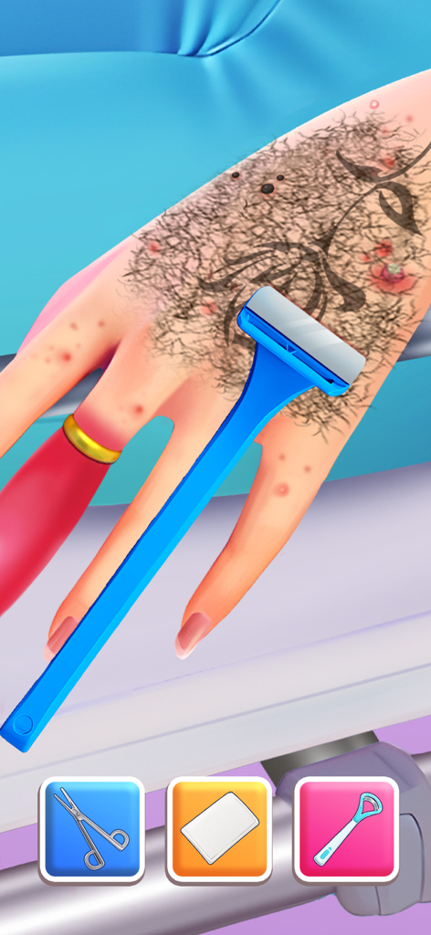 A digital hand being shaved with a blue razor in the ASMR care mode of Match Rush 3D.