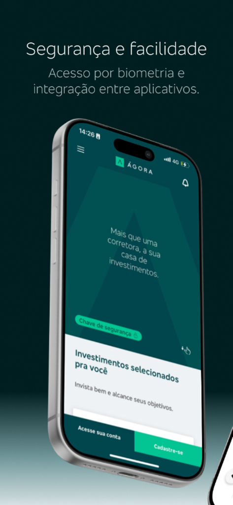 Smartphone screen showing Agora investment app with biometric login and security key features