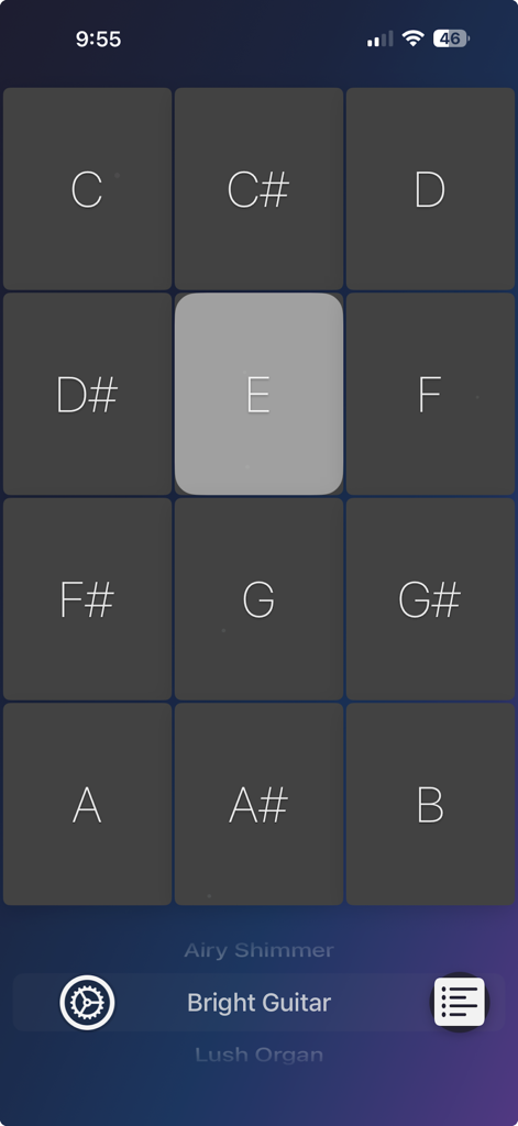 Worship Pads: Ambient Loops - Uma interface de aplicativo móvel exibindo uma grade de tonalidades musicais para acionar loops de drone ambiente para música de louvor