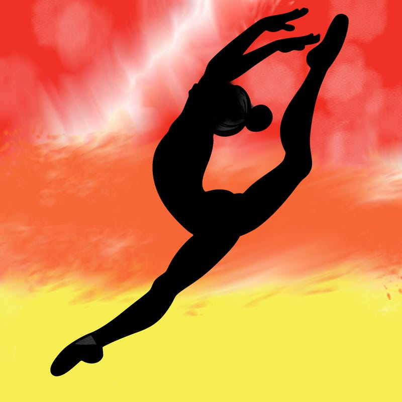 gymnast doing a leap in a leotard with a bent back leg