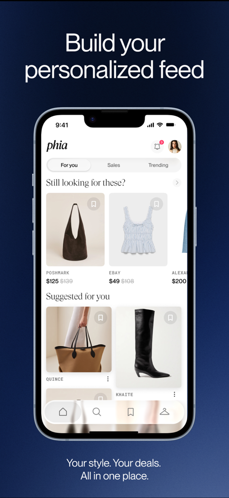 Phia app personalized shopping feed displaying curated fashion items and price deals