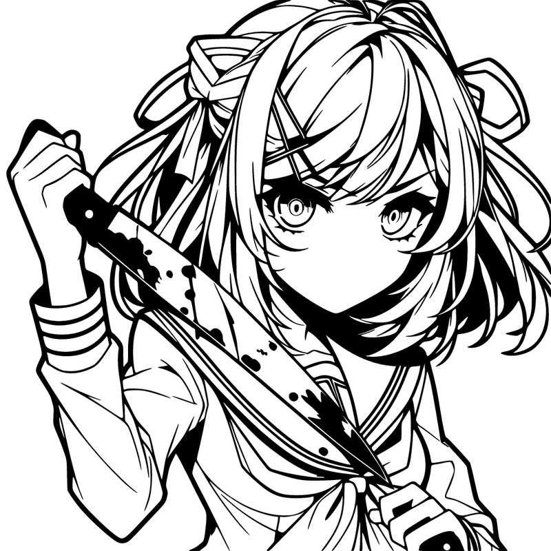 a anime girl holding a knife and the knife has blood on it