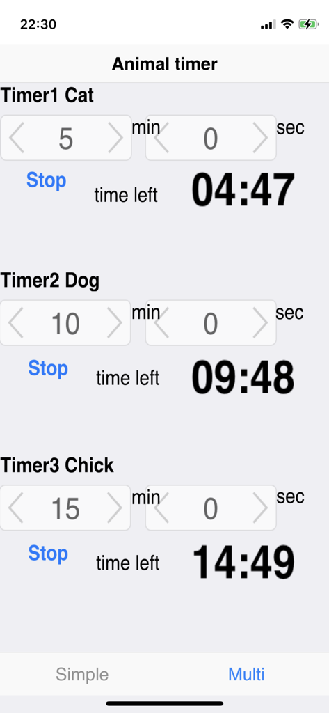 Animal Timer - Interface of the Animal Timer app showing three simultaneous countdown timers labeled Cat Dog and Chick.