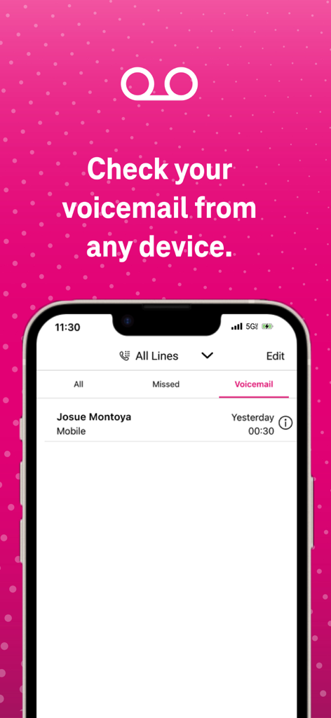 T-Mobile DIGITS app screen showing voicemail feature with text Check your voicemail from any device