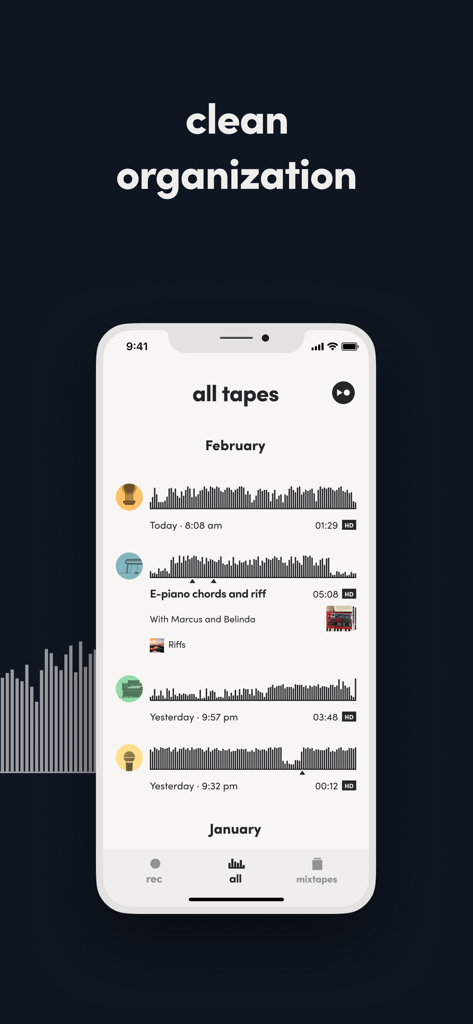 Tape It app interface displaying a chronologically organized list of high-quality audio recordings with waveforms and instrument icons.