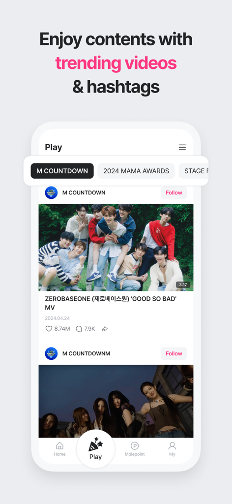 Mnet Plus app interface showing trending K-pop videos and hashtags