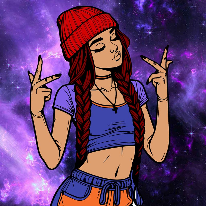 realistic teenage girl with braids and a beanie and crop top doing 🫶🏼