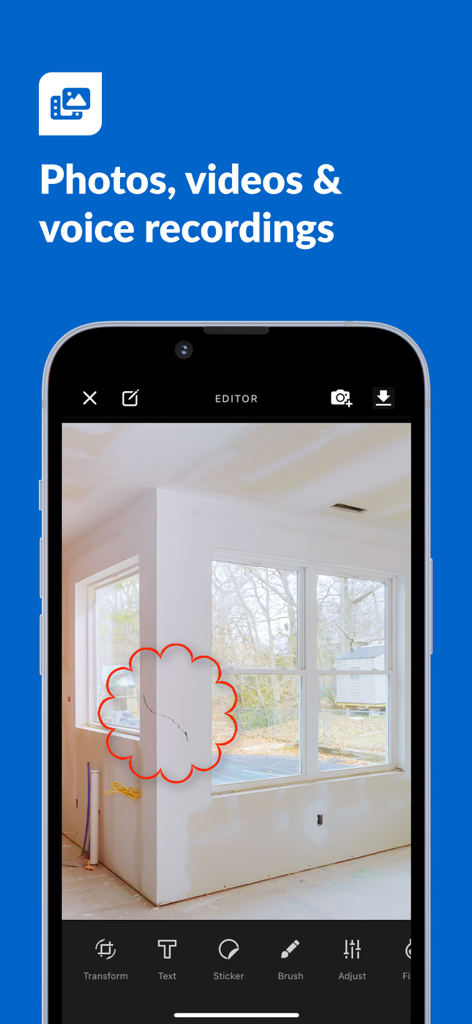 PlanRadar Construction Manager - PlanRadar app interface showing a photo of a construction site defect with a red cloud annotation
