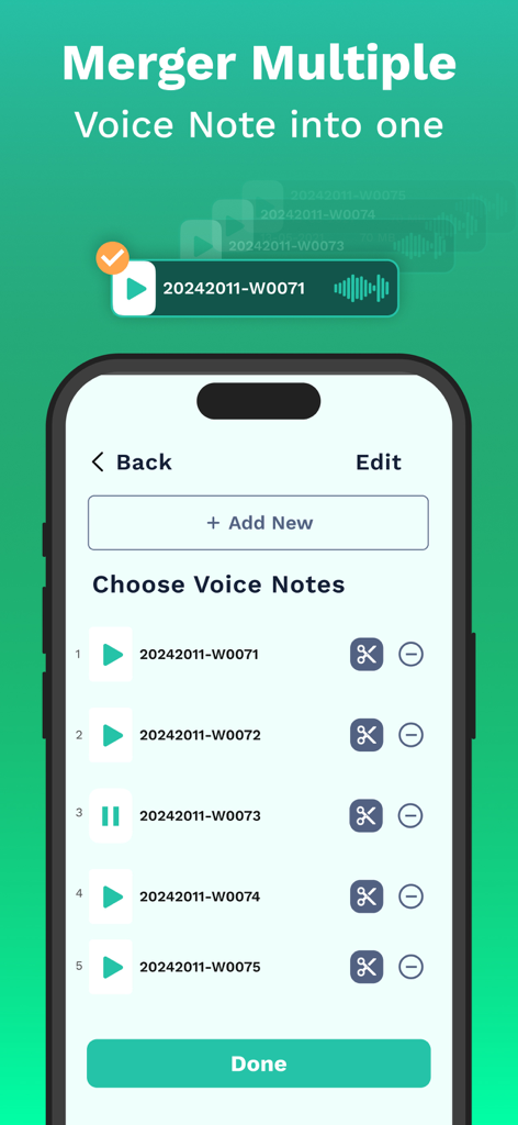 Interfaz de la aplicación Voice Note Merger que muestra una lista de mensajes de voz seleccionados para ser combinados con opciones para recortar y editar