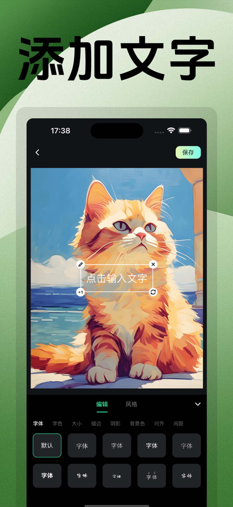 Screenshot of the P-tu Gai-zi app showing the add text interface with font editing options on an illustration of a cat