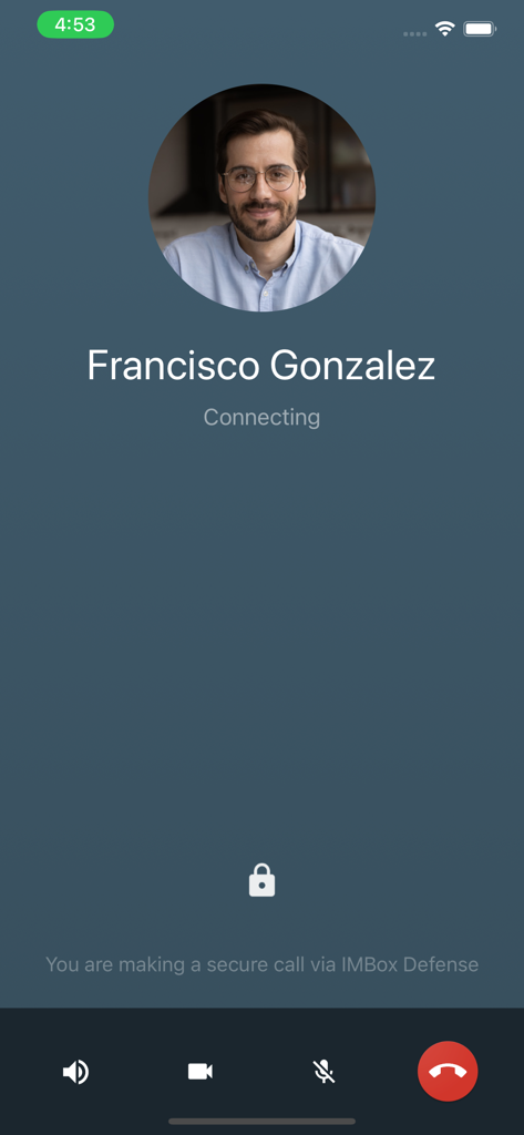 IMBox app interface showing an encrypted voice call connecting with a contact and a lock icon signifying a secure connection via IMBox Defense.
